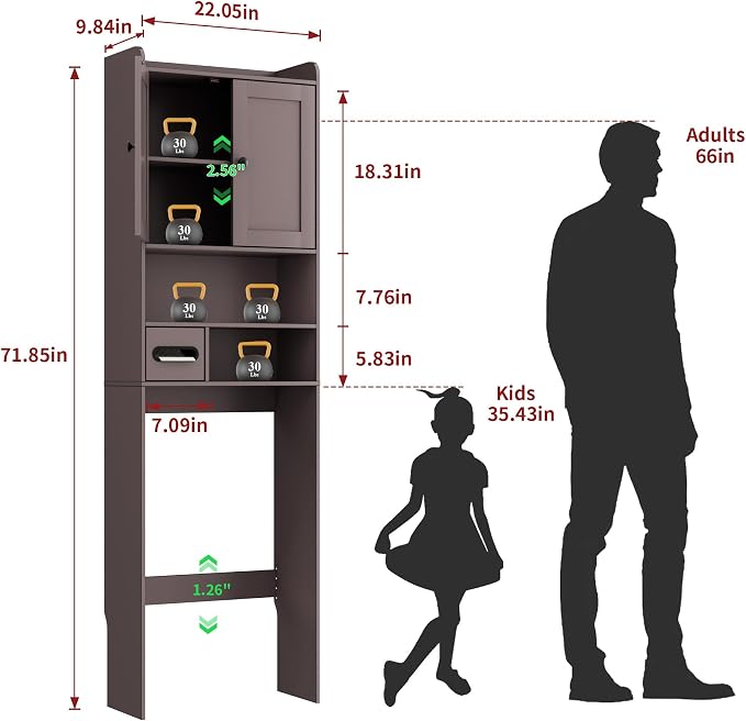 Over the Toilet Storage Cabinet, Tall Slim Bathroom Organizer with Doors, Adjustable Shelves & Built-in Toilet Paper Holder, Space-Saving Above Toilet Cabinet for Small Bathrooms (Espresso) - Image 8