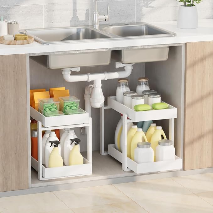APRTAT 2 Pack Bamboo Under Sink Organizer, 2-Tier Pull Out Storage Drawers by HEALTHYYOU