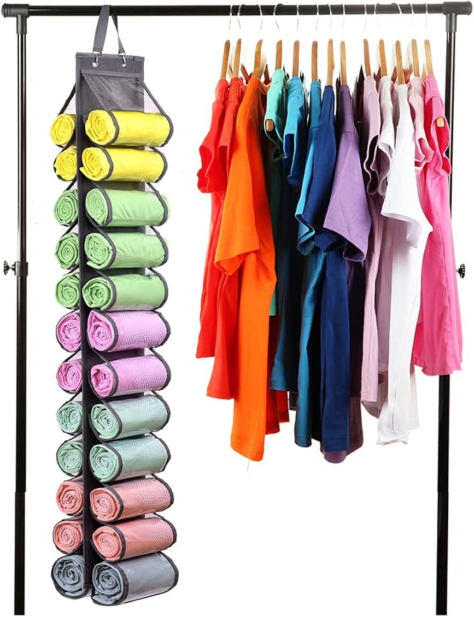 Legging Storage Bag Storage Hanger Can Holds 24 Leggings or Shirts Jeans Compartment Storage Hanger, Foldable Leggings Organizer Clothes Portable Closets Roll Holder(Grey) - Image 5