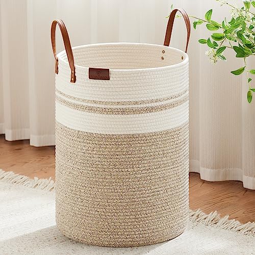 VIPOSCO 100L Tall Woven Rope Laundry Hamper, Leather Handles, Brown & White by VIPOSCO