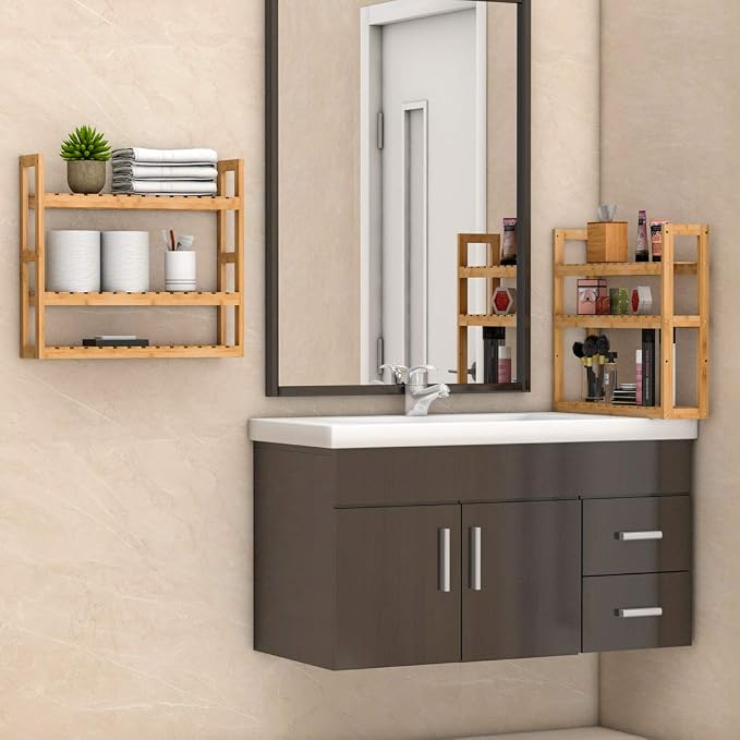 Domax Bathroom Wall Shelf - Over Toilet 3 Tier Storage Rack Adjustable Layer Multifunctional Utility Wall Mounted Towel Shelves Living Room Kitchen (Bamboo-Pack of 2) - Image 2