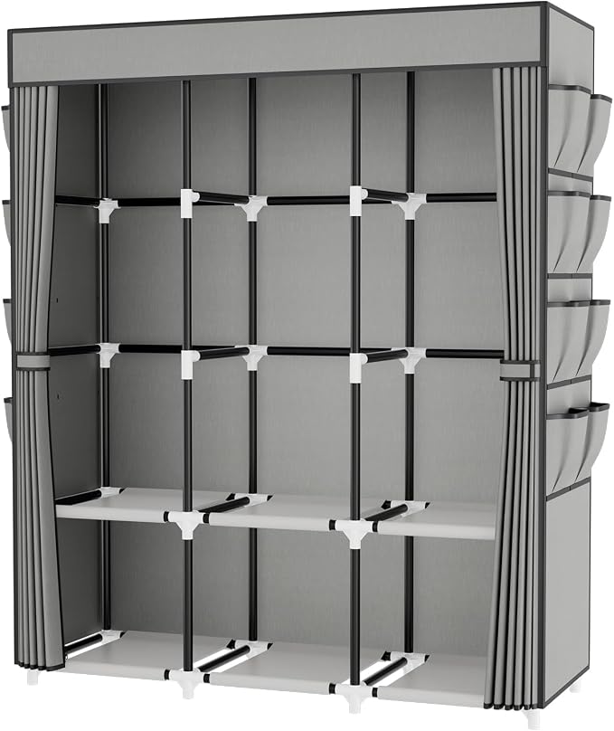 Portable Closet with Cover, 3 Hanging Rods and Side Pocket, Sturdy Free Standing Closet, Grey - Image 8