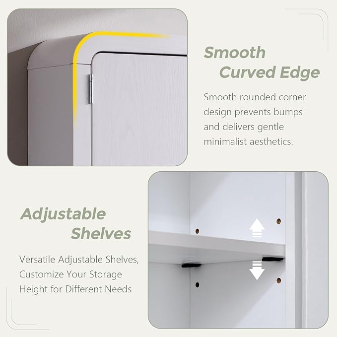 Over the Toilet Storage Cabinet, 69.69" Curved Bathroom Storage Organizer Cabinet with Doors and Adjustable Shelves, Wooden Free Standing Toilet Space Saver Rack, White - Image 5