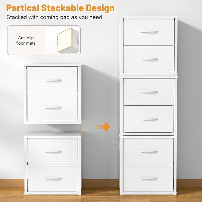 DAOUTIME 2-Pack Stackable Storage Drawers (4 Drawers Total), White Closet Organizer with Wooden Top & Metal Frame, Freestanding or Stackable Dresser for Bedroom, Living Room, Under Bed - Image 4