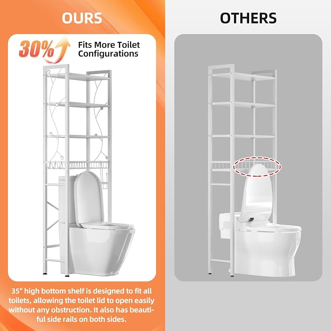 Over-The-Toilet Storage Rack, 4-Tier Bathroom Organizer Shelf Over Toilet with Adjustable Shelf and Basket, Freestanding Space Saver Bathroom Shelves Above Toilet for Room (Pure White) - Image 7