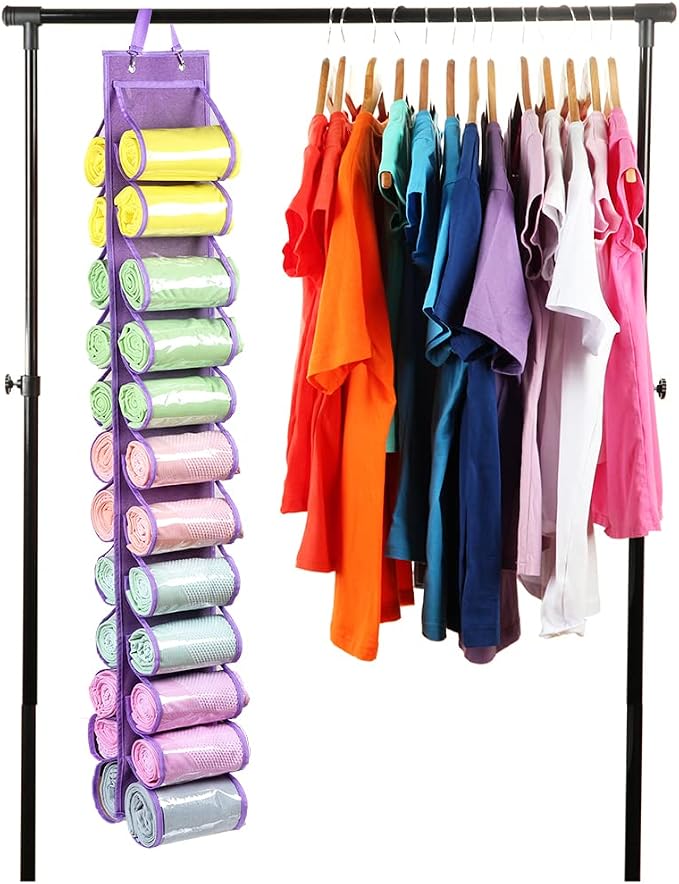 Legging Storage Bag Storage Hanger Can Holds 24 Leggings or Shirts Jeans Compartment Storage Hanger, Foldable Leggings Organizer Clothes Portable Closets Roll Holder (Purple) - Image 5