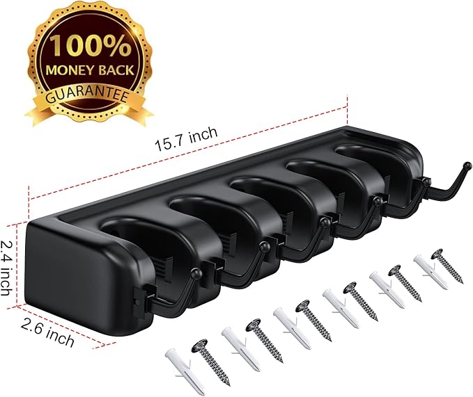 LETMY Broom Holder Wall Mount - Mop and Broom Hanger Holder - Garage Storage Rack & Garden Tool Organizer - 5 Position 6 Hooks Broom Rack for Home, kitchen, Garden, Tools, Garage Organization - Black - Image 3