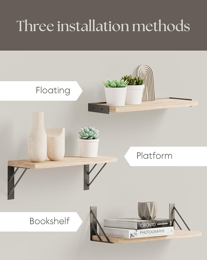 BAYKA Wall Shelves for Bedroom Decor, Floating Wall Shelves for Living Room Kitchen Storage, Wall Mounted Rustic Wood Floating Shelves for Kids Books, Corner Shelves for Bathroom(Brown，Set of 3) - Image 6