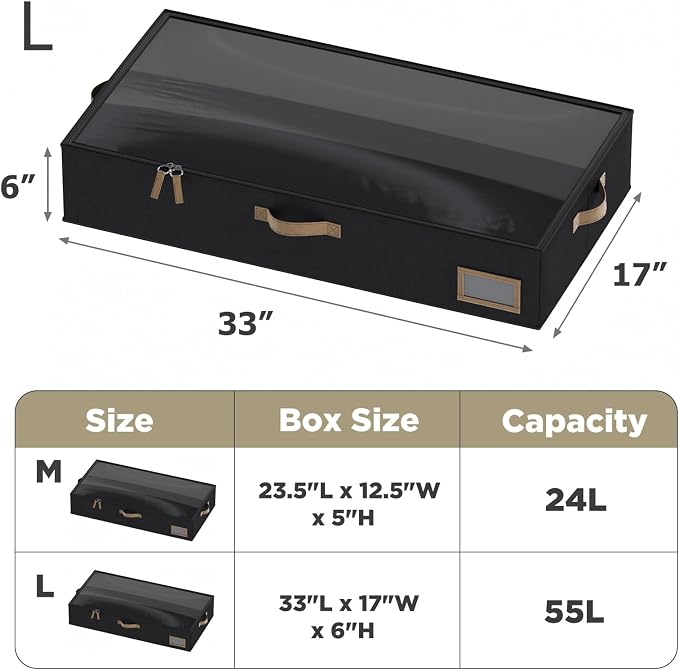 Under Bed Storage, Under Bed Storage Containers Bins for Clothes, Large Linen Underbed Closet Organization Bins, 2 Pack Collapsible Underbed Bin Dorm for Clothes, Sweater, Black - Image 2