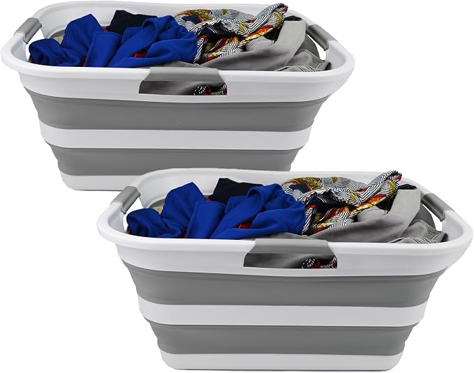 SAMMART 42 (11 Gallons) Collapsible Plastic Laundry Basket, Foldable Pop Up Storage Container/Organizer, Space Saving Hamper, Portable Bin for Dorm Room Bathroom (2, White/Grey) by SAMMART