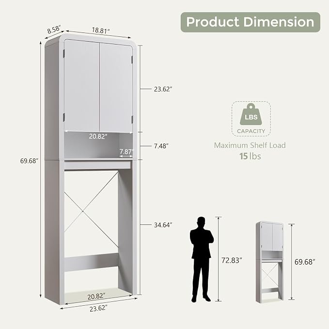 Over the Toilet Storage Cabinet, 69.69" Curved Bathroom Storage Organizer Cabinet with Doors and Adjustable Shelves, Wooden Free Standing Toilet Space Saver Rack, White - Image 2