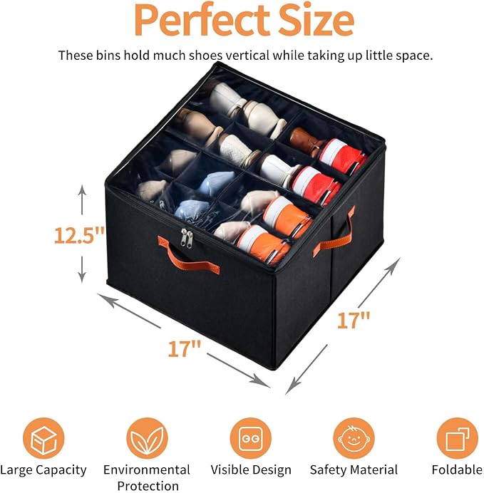 INSTY 2 Pack Shoe Organizer for Closet, Fits up to 32 Pairs, Adjustable Dividers for Shoe Storage, Fabric Shoe Storage Bins with Clear Cover, Black - Image 2