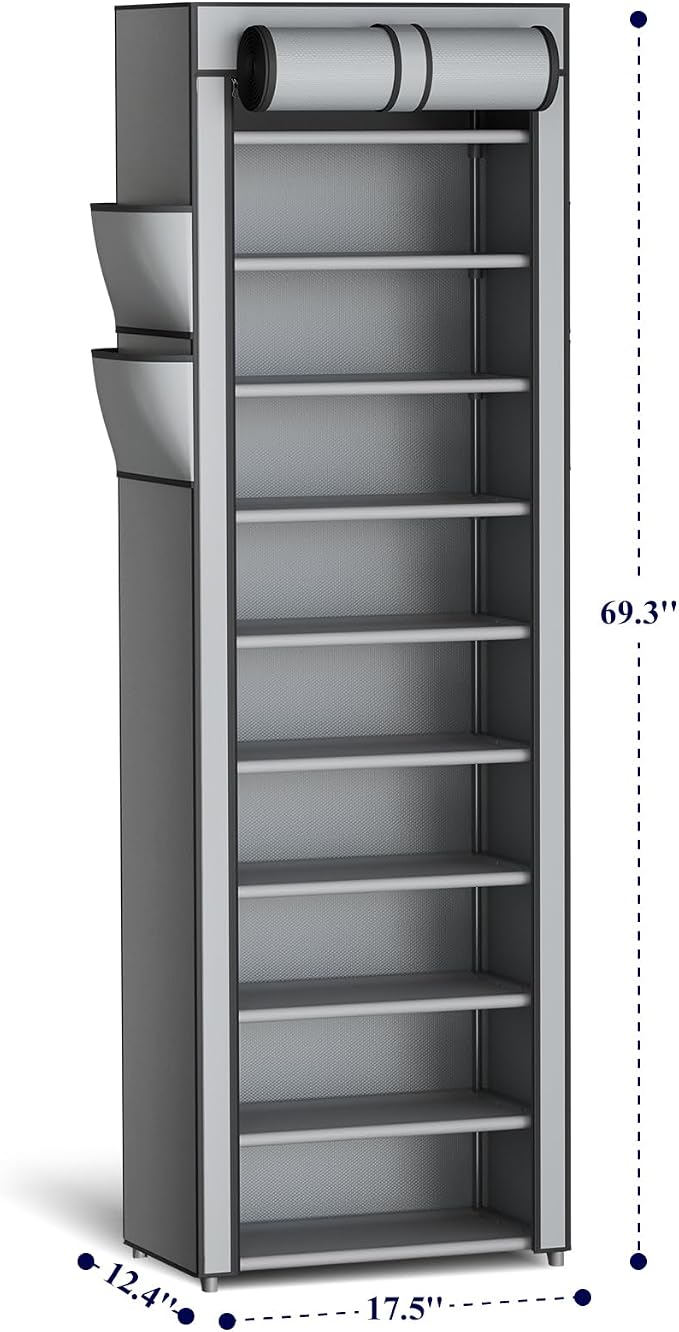 Kitsure 10-Tier Shoe Rack with Cover, Vertical Shelf, 17.5" Wide, Grey | Space Saving Shoe Storage with Side Pocket, Shoe Organizer for Closet, Entryway, Bedroom, Zapateras Organizer - Image 2