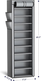 Kitsure 10-Tier Shoe Rack with Cover, Vertical Shelf, 17.5" Wide, Grey | Space Saving Shoe Storage with Side Pocket, Shoe Organizer for Closet, Entryway, Bedroom, Zapateras Organizer - Image 2