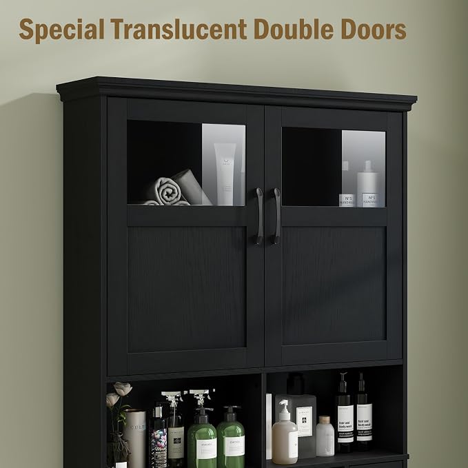 Vabches Over The Toilet Storage Cabinet with Doors & Paper Holder, Black - Image 6