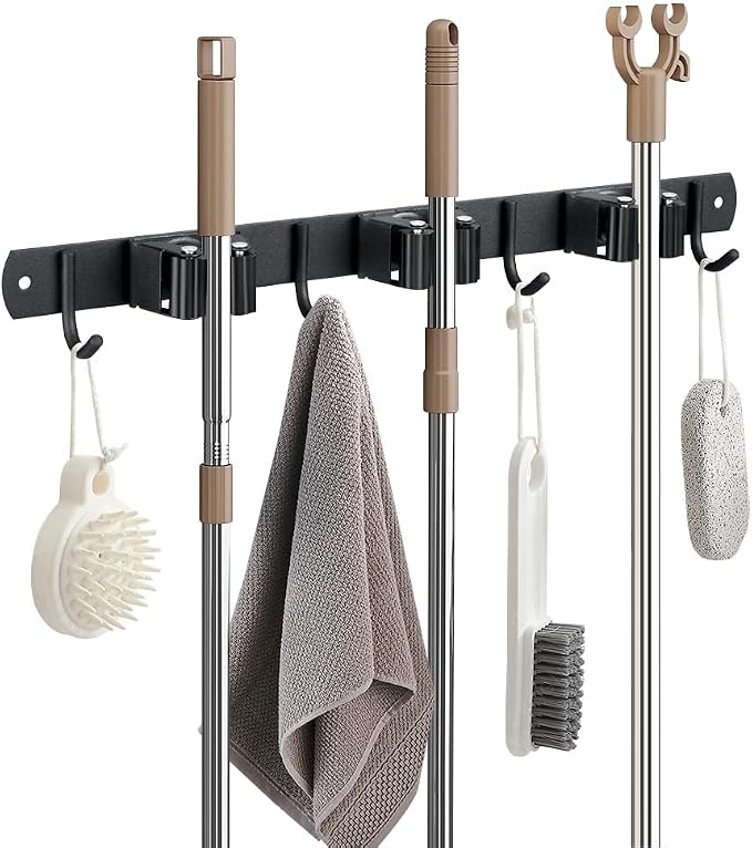 JAMEND CLXP Broom Hanger and Mop Holder, Heavy Duty Garden Tool Organizer Rack Rake and Shovel Handle, Stainless Steel Wall Mounted Utility Rack with Screws (3 Racks with 4 Hooks, Matte Black). by JAMEND+CLXP