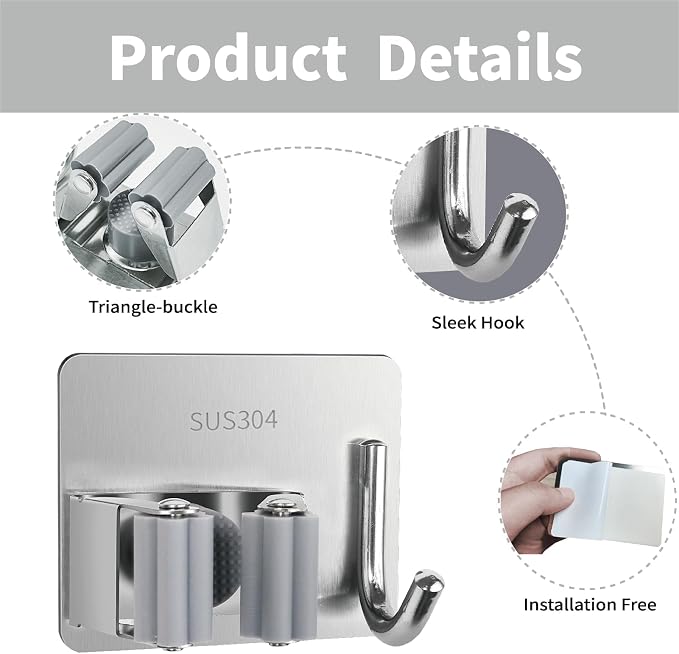 5 Pack Broom and Mop Organizer Wall Hanging, Adhesive Broom Holder, Silver - Image 3