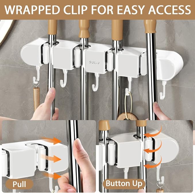 2Pcs Broom Holder Wall Mount, No-Drilling Self-Adhesive Mop and Broom Storage Rack with Hooks (4 Racks with 5 Hooks), Wall-Mounted Broom Hanger for Bathroom, Kitchen, Closet, Garage (White ﻿) - Image 6