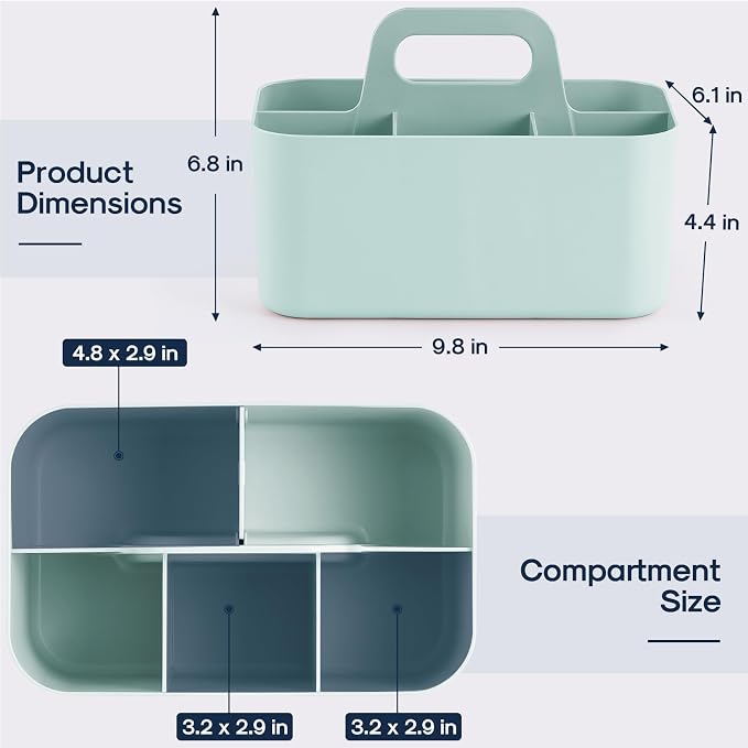Multiuse Caddy Organizer with Handle, Portable Divided Plastic Tote Bin - Art Craft, Stationary Pen Marker Crayons, Makeup Hair Supplies Storage - Bathroom, Classroom, Dorm, Office, Desk Holder - Mint - Image 5