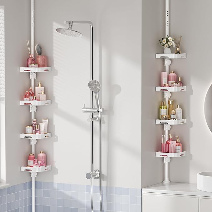 akinbas Tension Pole Shower Caddy Organizer with 4 Tier L-Shaped Rust Resistant Bathroom Corner Shelves with 34-124 Inch Adjustable No Drilling Quick Install Shower Rack for Bath Essentials (White) - Image 8