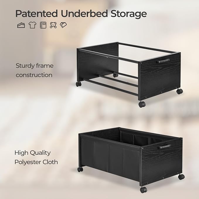 FOUCSSOMEI Under Bed Storage with Wheels, Wooden Under Bed Drawers On Wheels, Rolling Under Bed Shoe Storage, Space Saving, Black,70L - Image 2