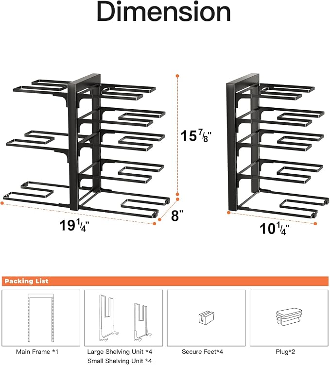 ORDORA Pots and Pans Organizer Under Cabinet 15.8", 8-Tier Adjustable Black - Image 4