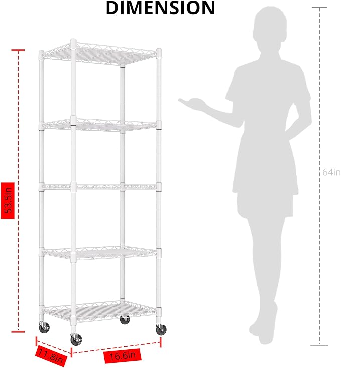 REGILLER 5-Wire Shelving Metal Storage Rack Adjustable Shelves,Standing Storage Shelf Units for Laundry Bathroom Kitchen Pantry Closet(White,11.8" D x 16.6" W x 53.5" H,With Wheels) - Image 3
