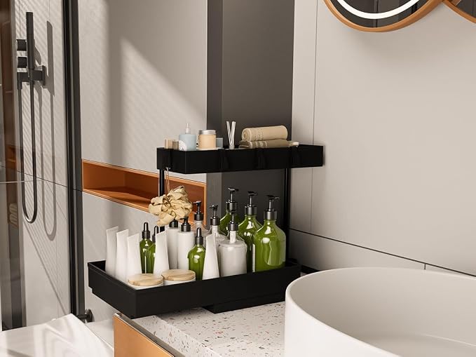 NATURE'S SOURCE 2 Pack Under Sink Organizer 2 Tier Sliding Cabinet Organizers Multi-Purpose Sink Storage Basket L-Shape Narrow Space Storage Shelves with 4 Hook for Kitchen Bathroom Drawer, Black - Image 6