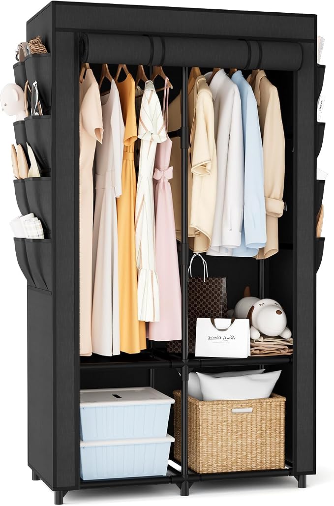 Portable Closet for Hanging Clothes, Portable Wardrobe Closet with Cover, 4 Storage Shelves, 2 Hanging Rods and 8 Side Pockets, Easy Assembly and Sturdy Free Standing Closet for Bedroom, Black by BRFOYU