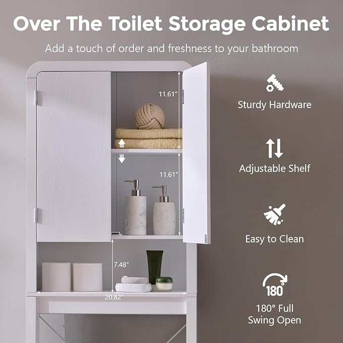 Over the Toilet Storage Cabinet, 69.69" Curved Bathroom Storage Organizer Cabinet with Doors and Adjustable Shelves, Wooden Free Standing Toilet Space Saver Rack, White - Image 4