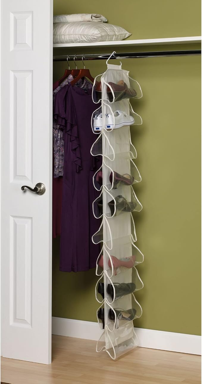 Household Essentials 20‑Pocket Closet Shoe File in Durable Canvas with Plastic Pockets and Single Hook System, Cream - Image 3