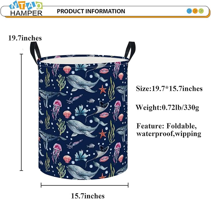 NTAOHAMPER Laundry Hamper, Laundry Basket, Nursery Hamper, Waterproof Storage Bin, Clothes Organizer Basket, Room Decor(Watercolor Ocean) - Image 3
