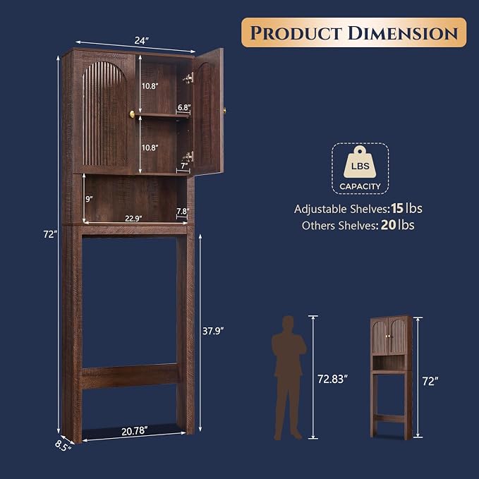 72" Over The Toilet Storage Cabinet, Wooden Bathroom Storage Cabinet, Brown - Image 2