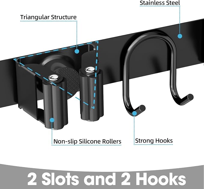 Broom Holder Wall Mount, Stainless Steel Mop and Broom Organizer, Broom Hanger with 2 Slots 2 Hooks for Home Kitchen, Garage, Garden and Laundry Room, Black - Image 5