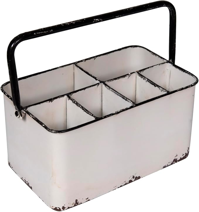 Creative Co-Op Metal Caddy with 6 Compartments, Handle, and Distressed Enamel Finish, White and Black by Unknown