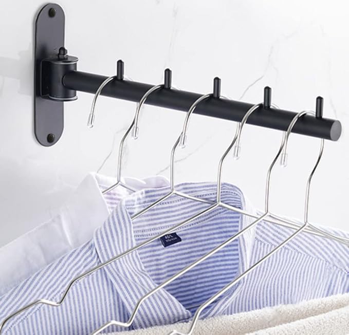 Folding Wall Mounted Clothes Hanger Rack with Swing Arm, Foldable 180°Rotation, Stainless Steel 304 Folding Clothes Hanger Drying Rack Rod, for Laundry Room Valet Hook (Black) - Image 4