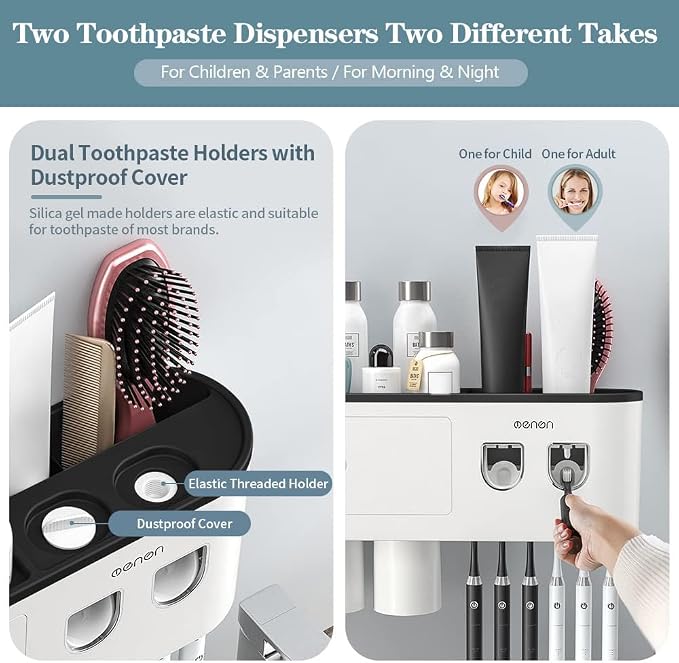 Toothbrush Holders Wall Mounted, Toothbrush Holder with Automatic Toothpaste Dispensers, 6 Brush Slots, 3 Magnetic Cups,1 Cosmetic Drawer Organizer and 1 Large Storage Tray - Image 4