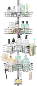 SWTYMIKI Shower Caddy Tension Pole - 4-Tier Corner Shower Organizer Tension Rod with Soap Holder, Toothbrush Holder & 4 Hooks, Adjustable Stainless Steel Bathroom Organizer 27.6 to 108.3 inch, Silver by SwtyMiki-TidyHomeSweetLife