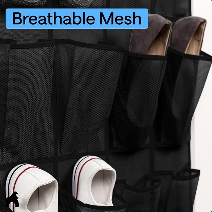 GORILLA GRIP Over the Door Shoe Organizer, 24 Large Pockets, Black 2 Pack | Breathable Mesh Pocket, Space Saving Hanging Storage Holder, Closet Rack Hanger for Shoes, Pantry and Bathroom Accessories - Image 5