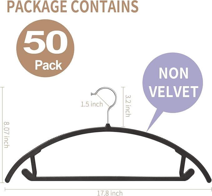 Ergonomic Curved Plastic Hangers 50 Pack No-Bump Black, Heavy Duty - Image 2