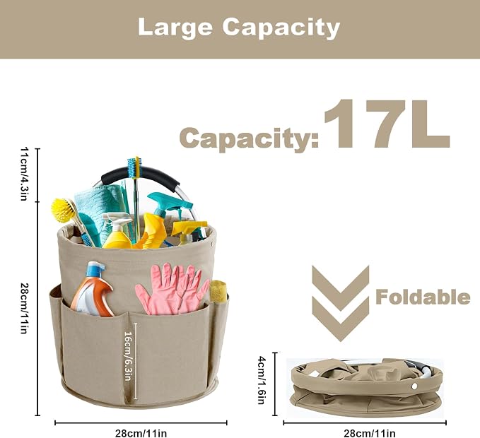 Cleaning Caddy with Handle, Cleaning Products Organiser, 17L Foldable Storage Basket, Cleaning Caddy Organiser, Portable Multi Cleaning Bucket Bag for Home, Garden (Khaki) - Image 2