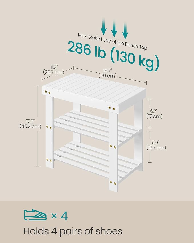 SONGMICS Shoe Rack Bench, 3-Tier Bamboo Entryway Bench, 19.7 Inches Width | Shoe Storage Organizer, Holds Up to 286.6 lb, Cloud White, BAMBOU Collection ULBS001W01 - Image 2