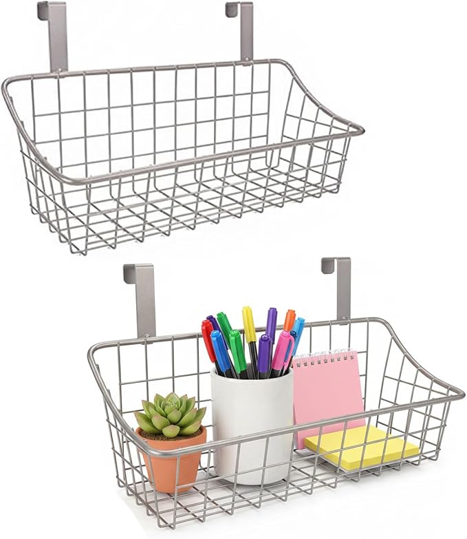 LeleCAT Basket with hook Grid Storage Basket,Hang it behind a door or on a railing,Over the Cabinet Door,Champagne Gray,2 Pack by HomeSpaceStorageBasket