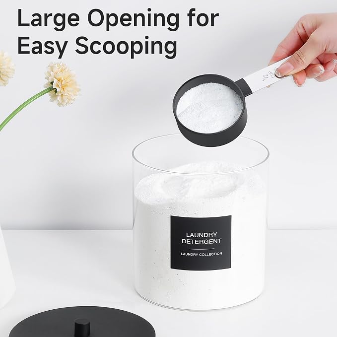 3 Pack Glass Jars and Acrylic Dryer Sheet Holder, Laundry Pods Container with Bamboo Lid and Measuring Cups for Laundry Room Organization, Powder Detergent Containers (Black) - Image 5