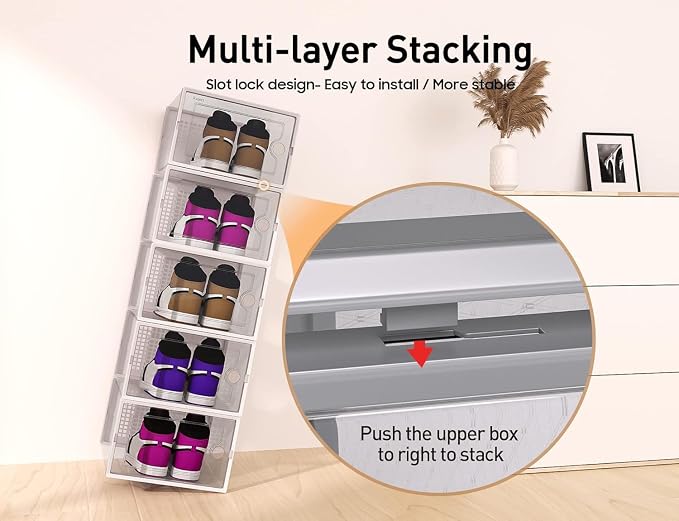 Kuject X-Large Shoe Storage Boxes 12 Pack, Clear Stackable Shoe Organizer | Shoe Case for Closet, Entryway & Under-Bed Storage, Drop-Front Design, Space-Saving Solution for Family Organization,Grey - Image 3