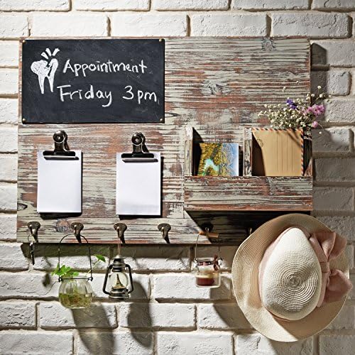 MyGift Wall-Mounted Torched Wood Entryway Organizer, Key Hook Rack with Chalkboard, Memo Clips, Mail Sorter and Hanging Hooks - Image 2