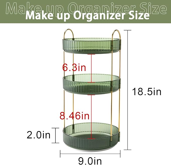 shuang qing Rotating Makeup Organizer for Vanity, High-Capacity Skincare Clear Make Up Storage Perfume Organizers Cosmetic Dresser Organizer Countertop 360 Spinning (Green, 3 Tier) - Image 5