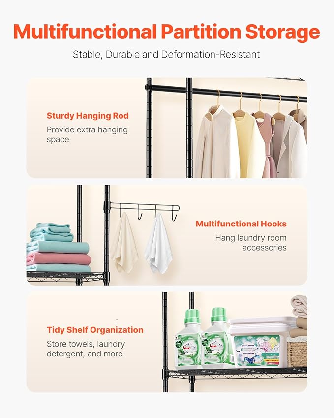 VEVOR Over The Washer and Dryer Storage Shelf, 5 Tier Laundry Room Drying Rack with Hanger Rod and Hooks, Adjustable Over Washer and Dryer Shelves, Laundry Room Shelf Storage Space Saver, Black - Image 6