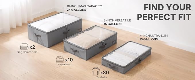 4" Low Profile Under Bed Storage Bins (3-Pack, Charcoal Grey), Slim 600D Oxford Organizer Containers with Matching Vegan Leather Handles & Clear Window, for Shoes, Clothing & Under-Sofa Storage - Image 7