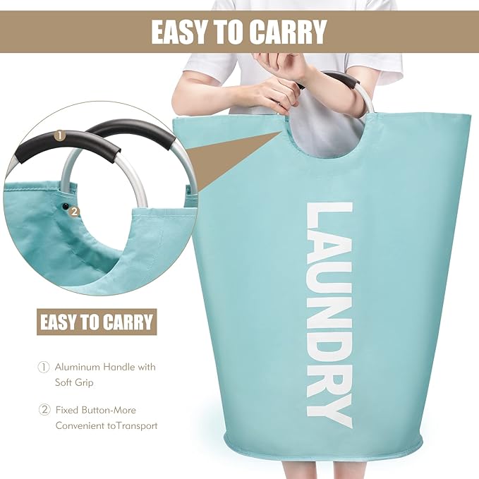 DOKEHOM 90L Large Laundry Basket Bag, Collapsible Tall Hamper, Light Blue - Image 4